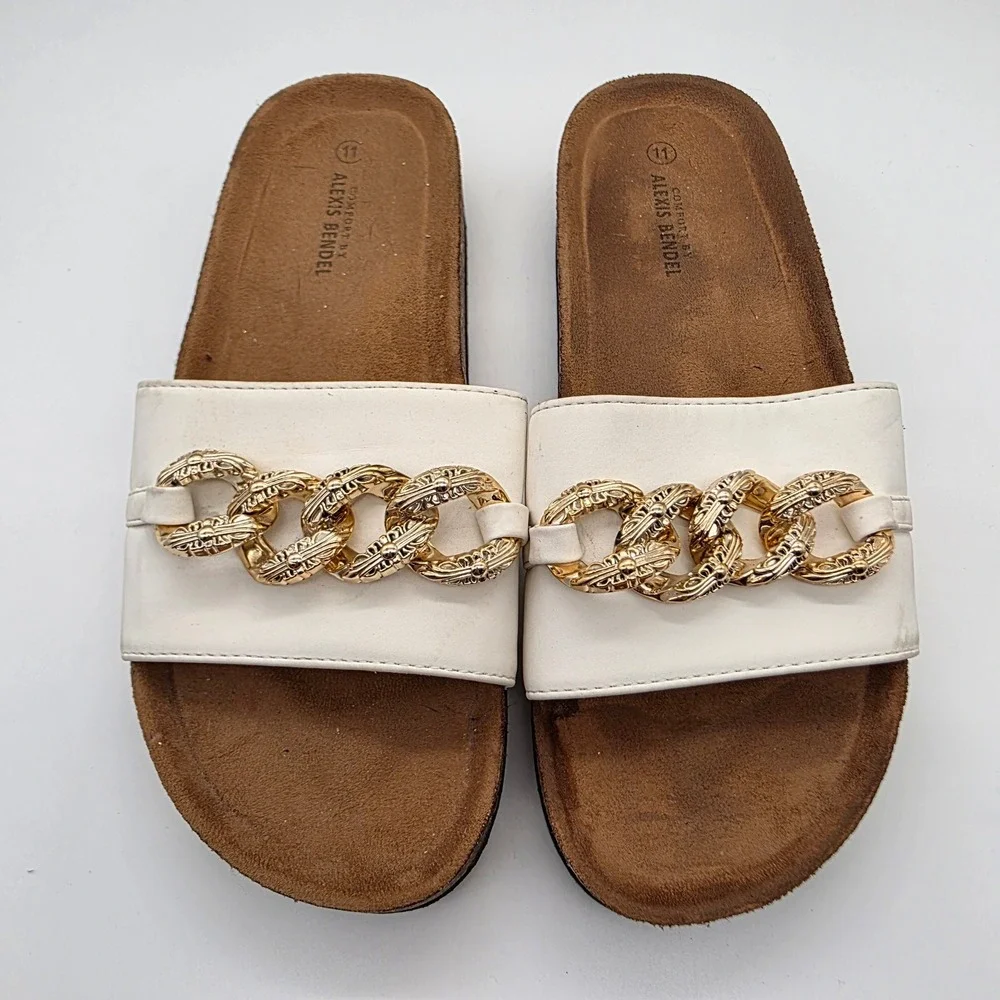 White Slide Sandals with Gold Chain Accent